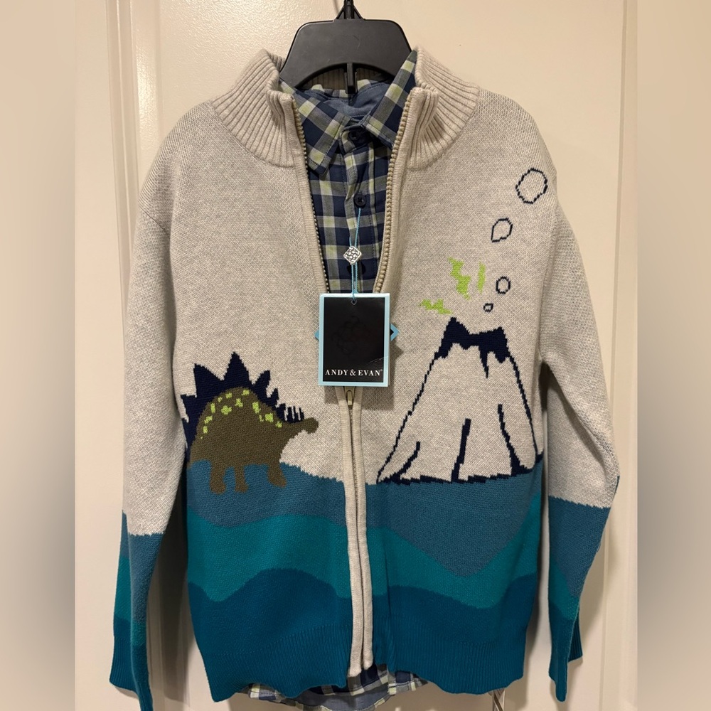 Andy & Evan - Zip-Up Cardigan with Dino Print + Plaid Button Dress Shirt Set